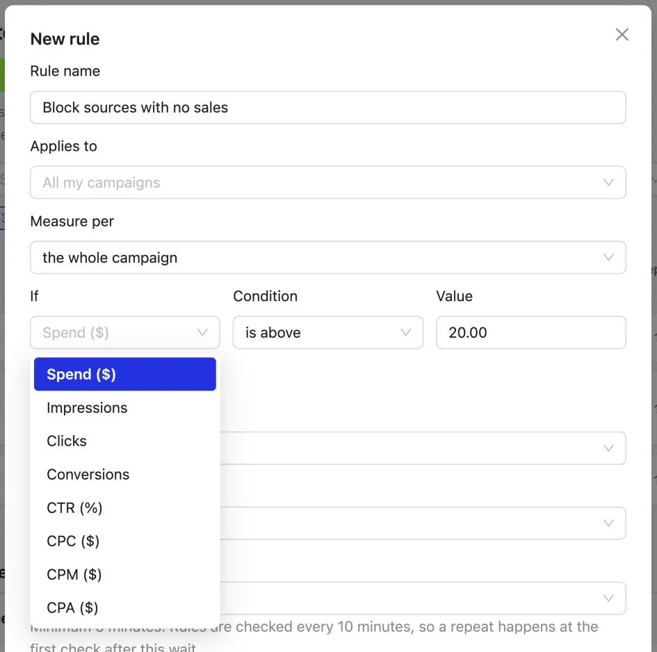 Automations Engine: Watch spend, clicks, CTR, CPC, CPM or CPA