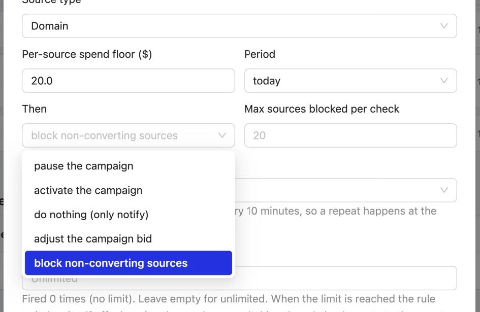 Automations Engine: Pause, activate, change the bid or block sources