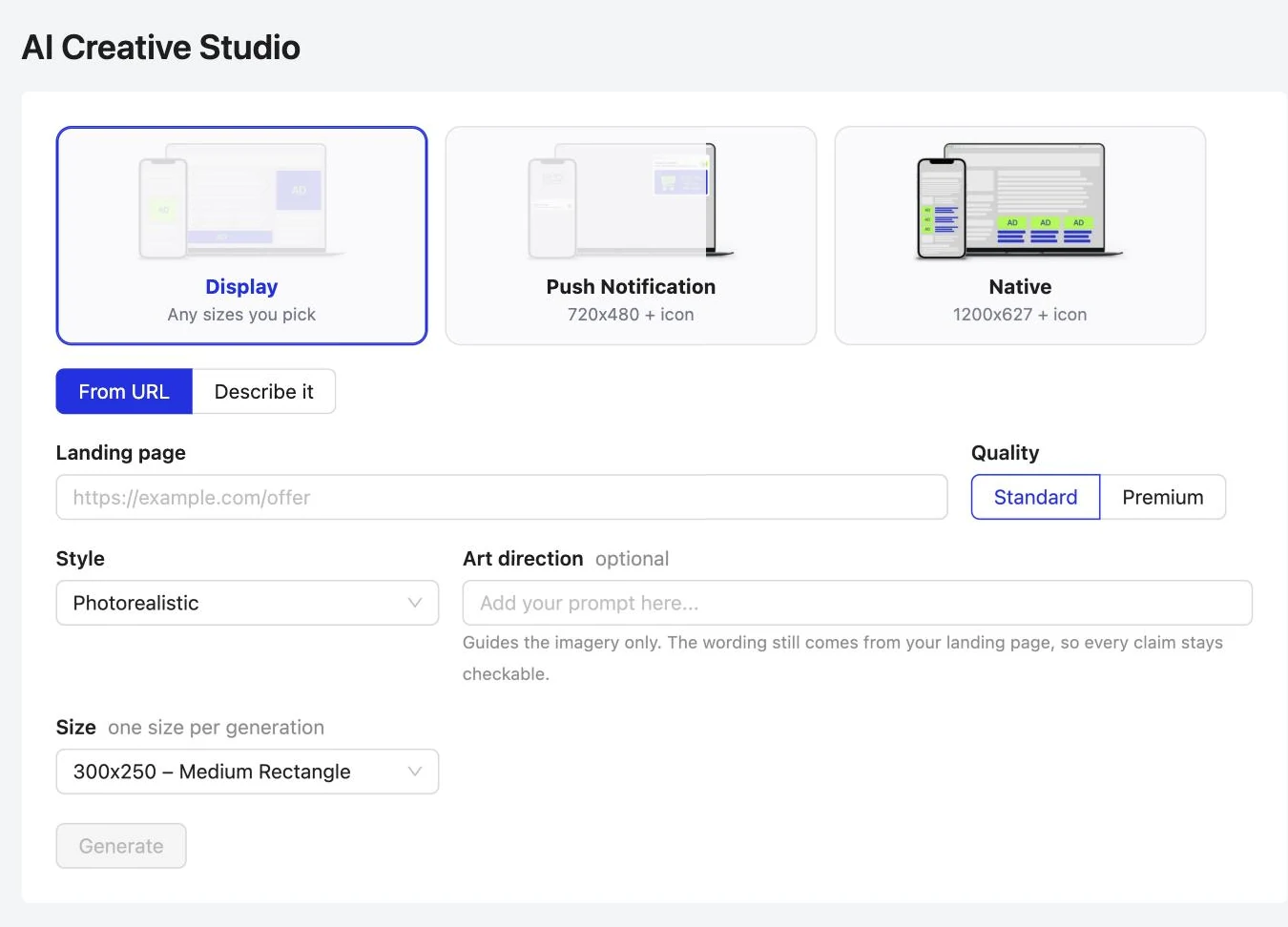 AI Creative Studio: Display, push and native ads from your landing page