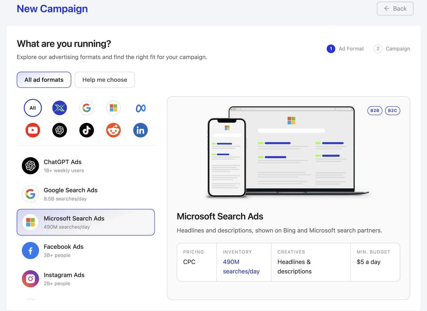 Microsoft Ads Connector: Pick Microsoft Search Ads in the campaign form