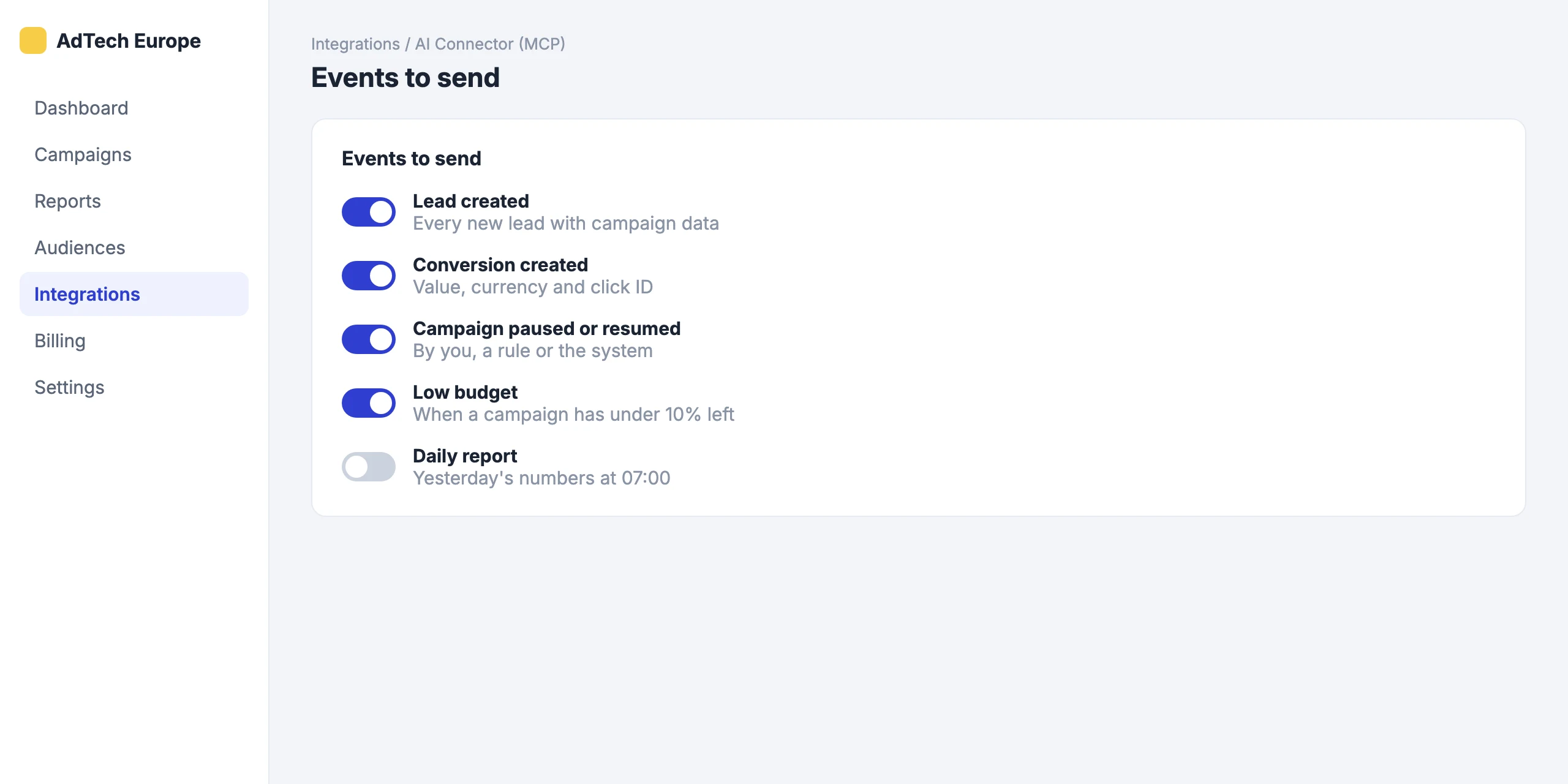AI Connector (MCP): Pick the events that trigger it