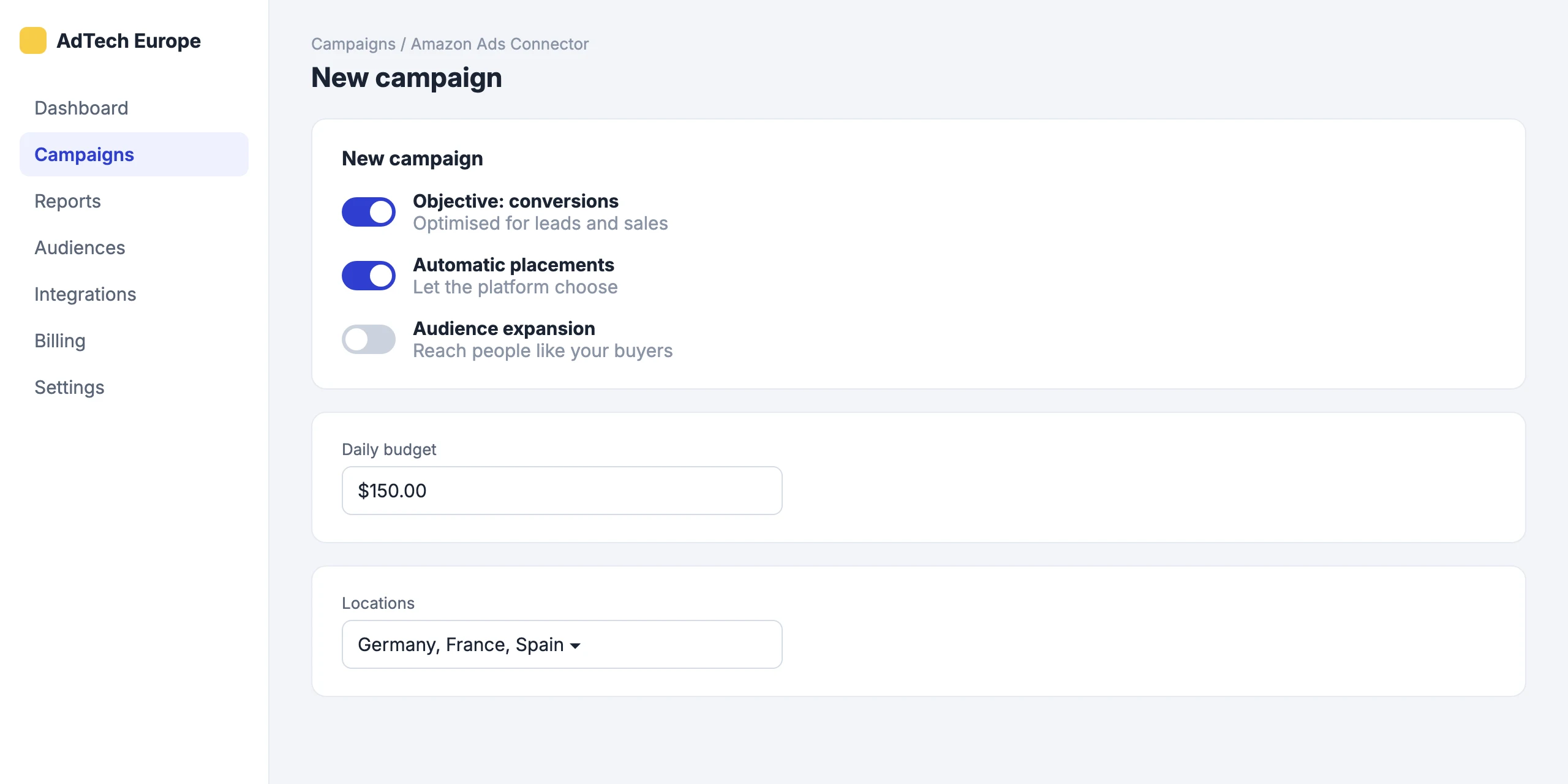 Amazon Ads Connector: Create campaigns with our form