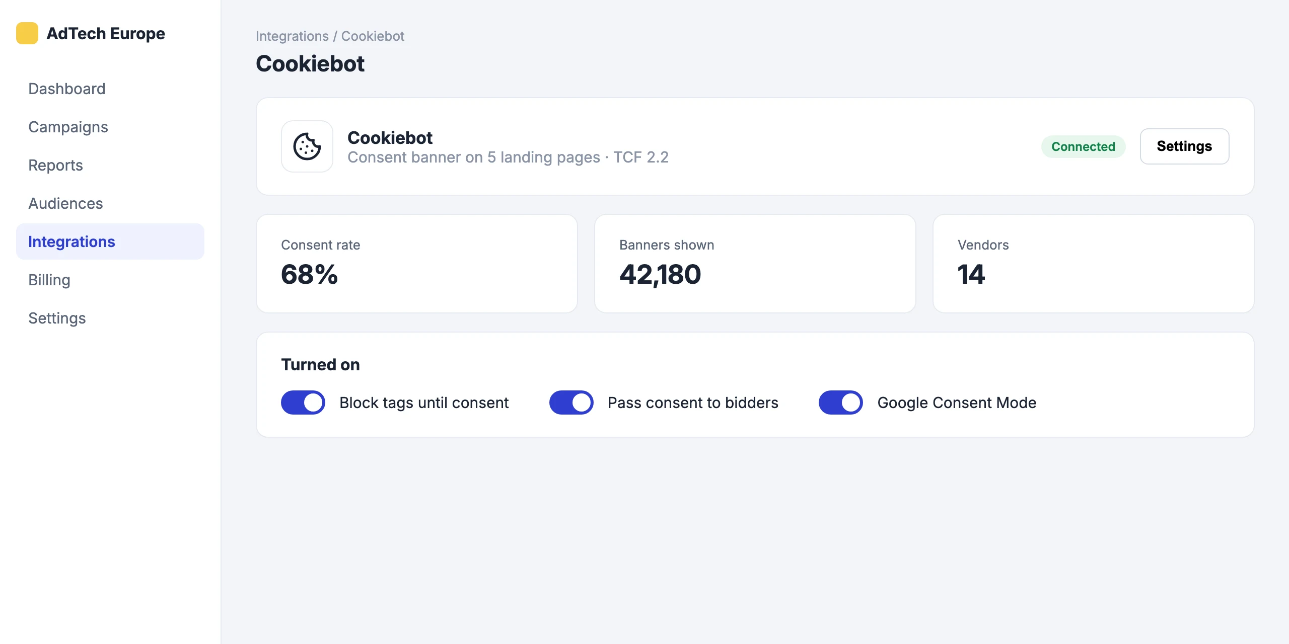 Cookiebot: Cookiebot connected to your landing pages