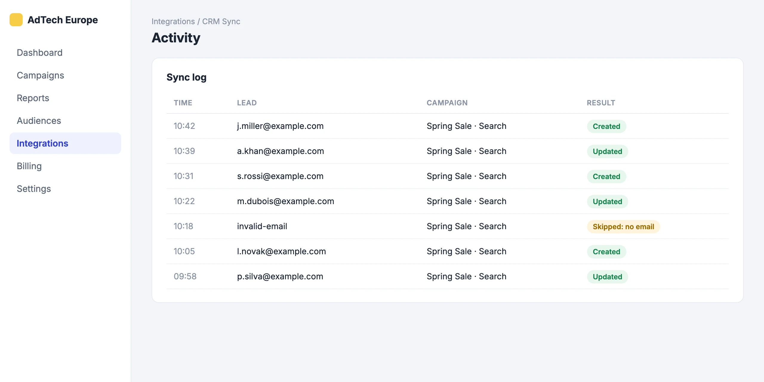 CRM Sync: Every lead and its sync result
