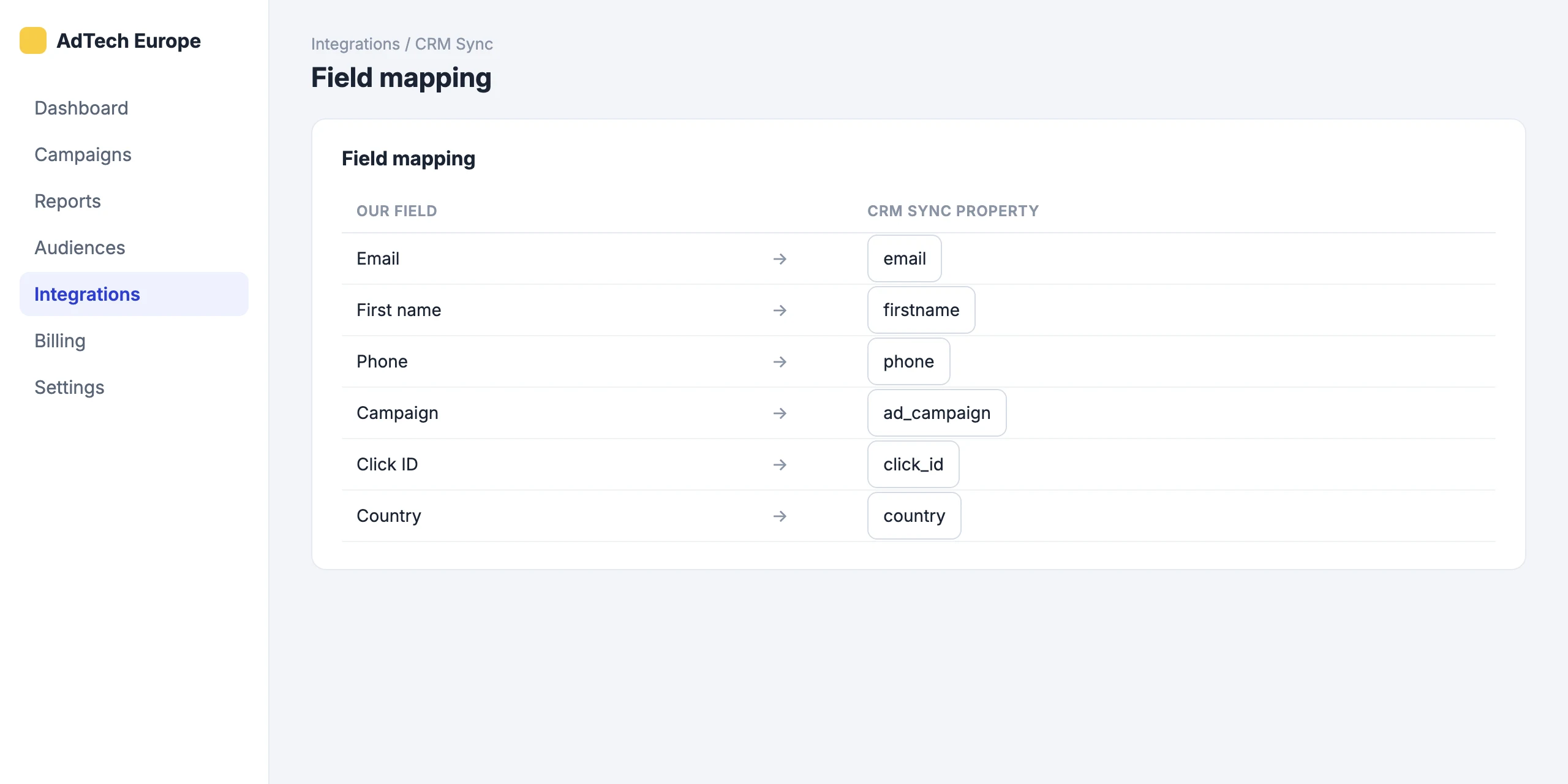 CRM Sync: Map our fields to CRM Sync properties