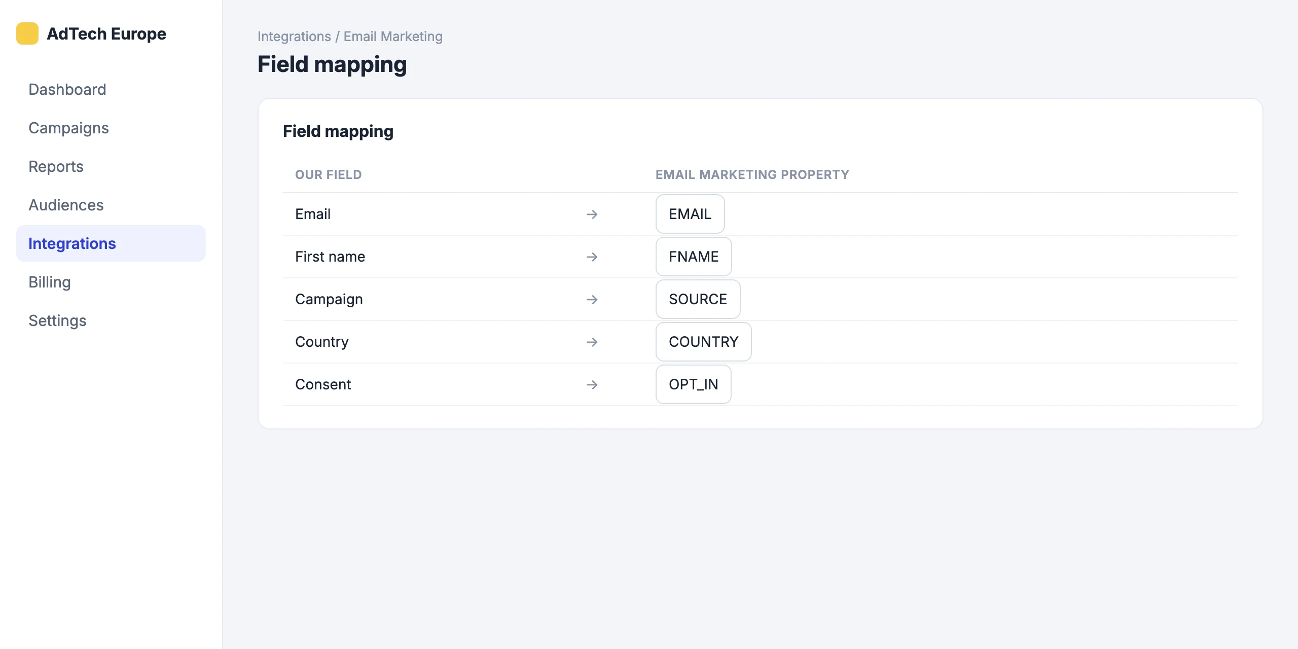 Email Marketing: Map our fields to Email Marketing properties