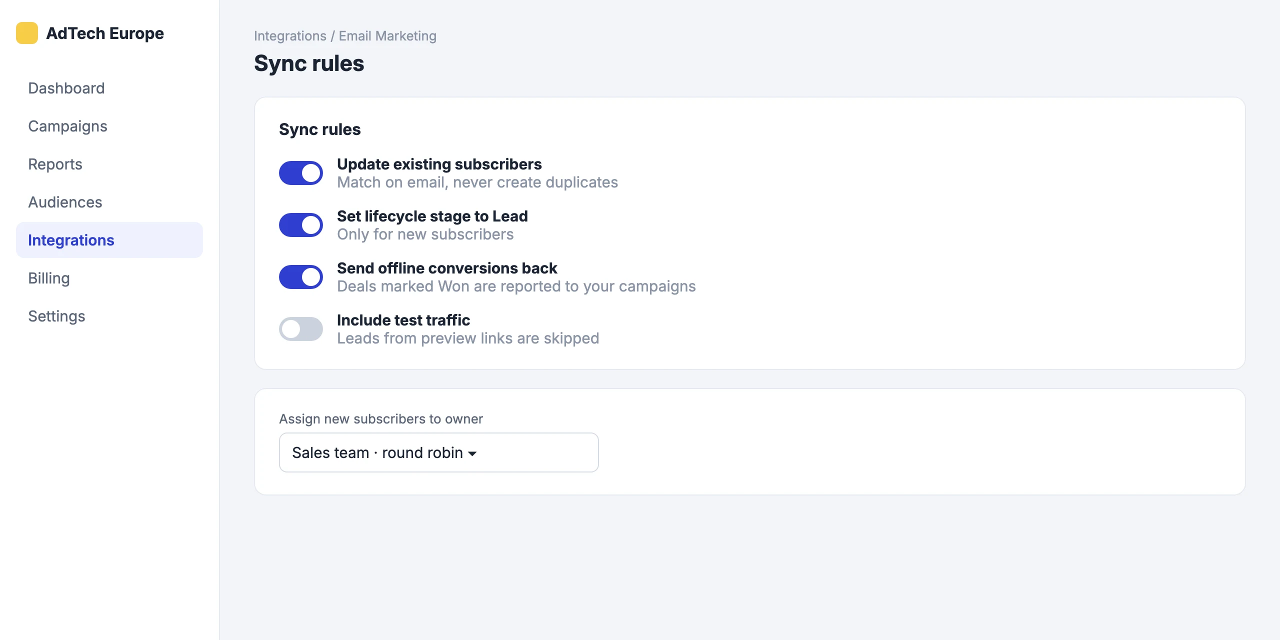Email Marketing: Choose what is created and updated