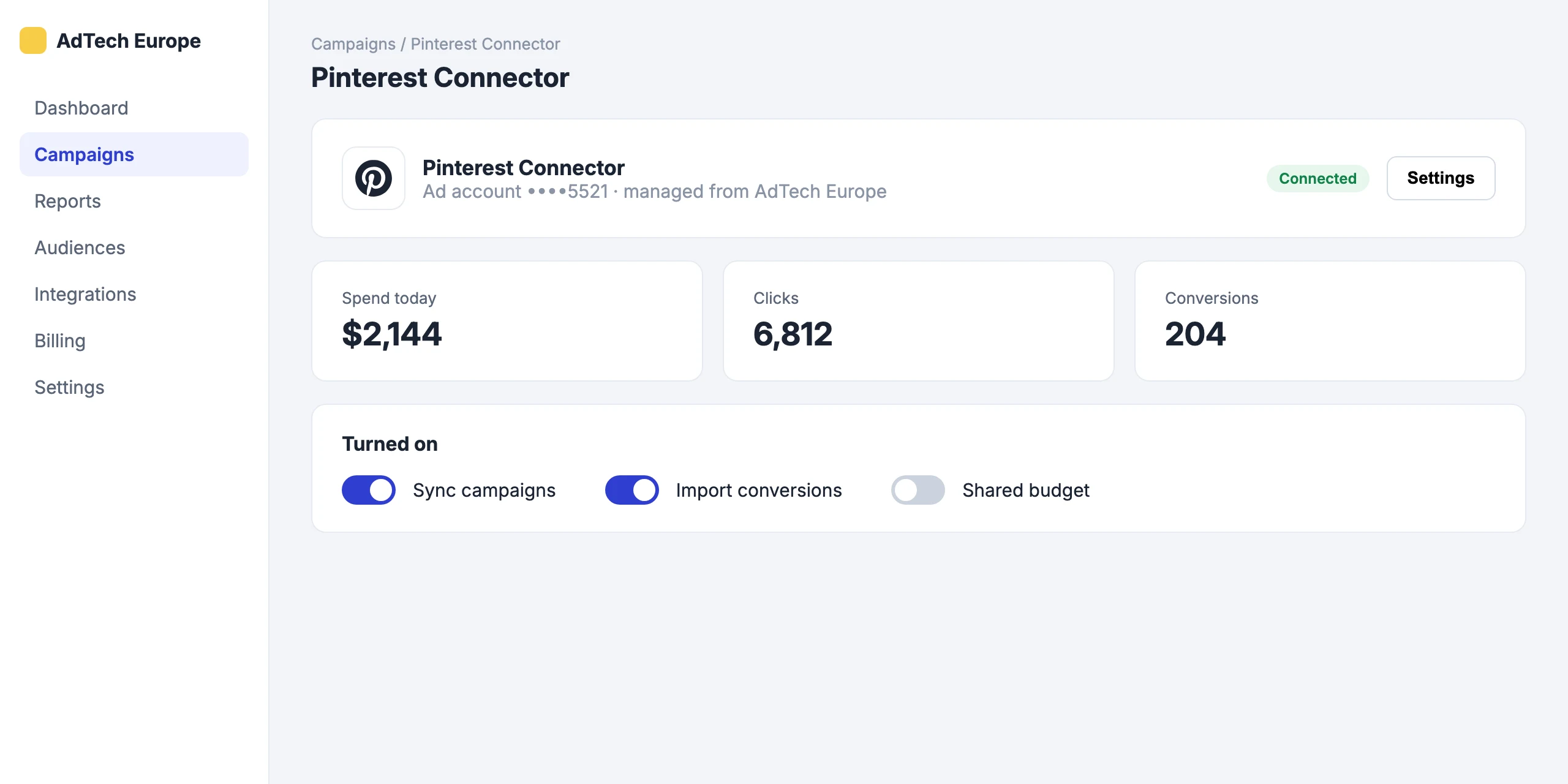 Pinterest Connector: Run Pinterest Connector from one dashboard