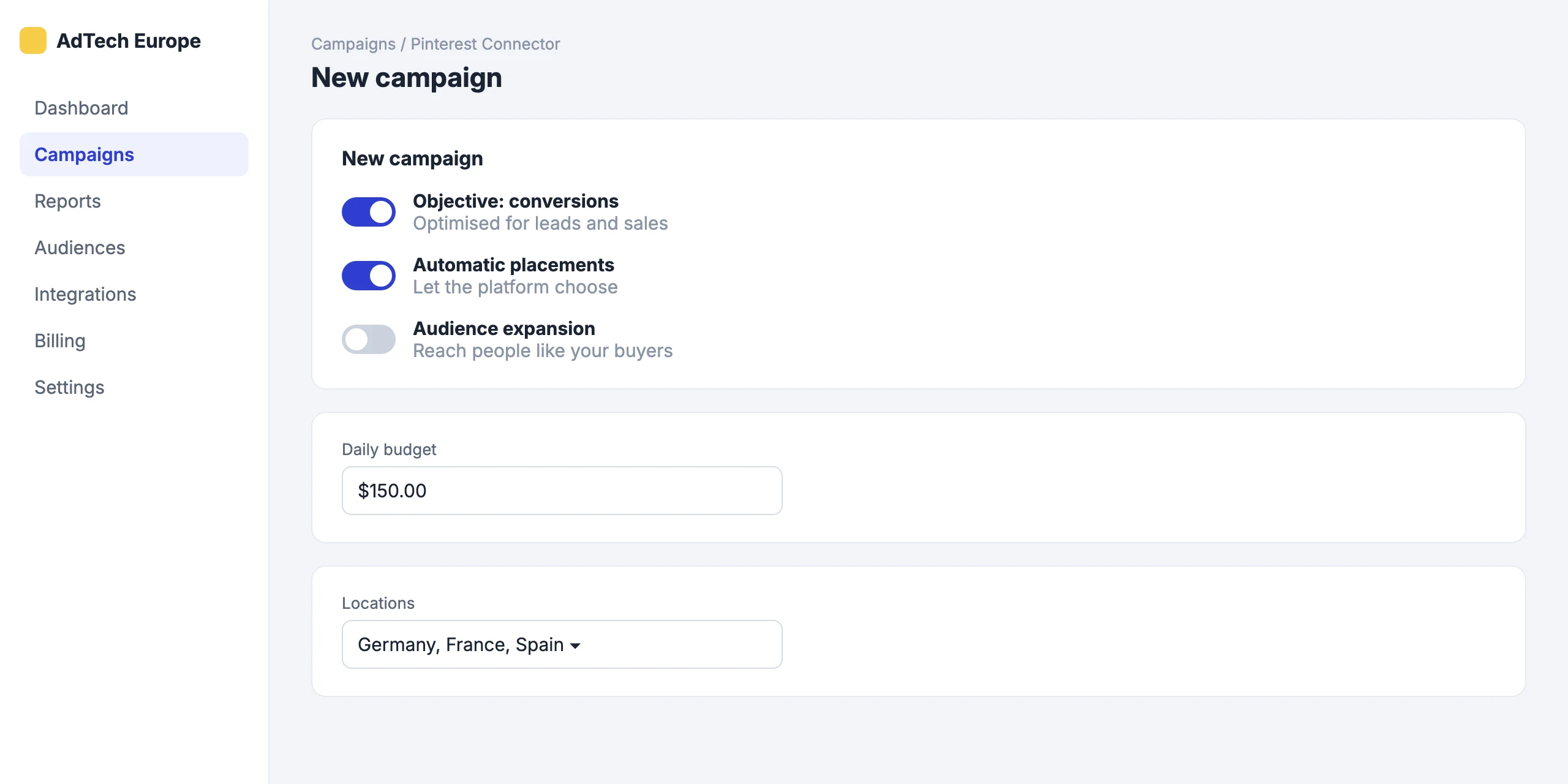 Pinterest Connector: Create campaigns with our form