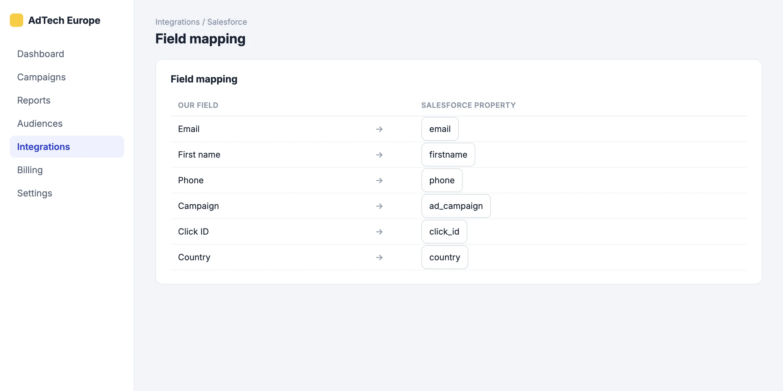Salesforce: Map our fields to Salesforce properties