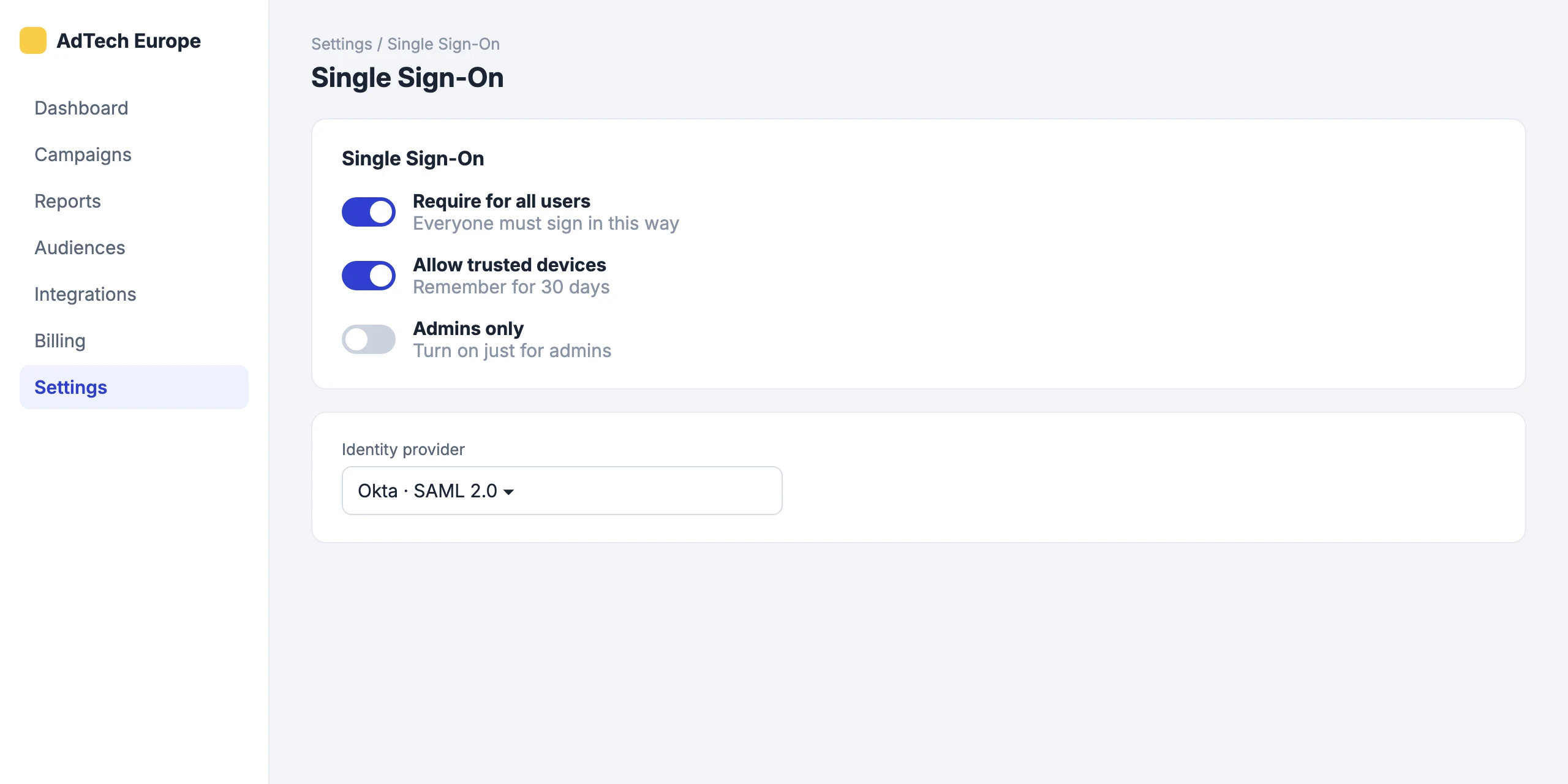 Single Sign-On: Single Sign-On settings for your team