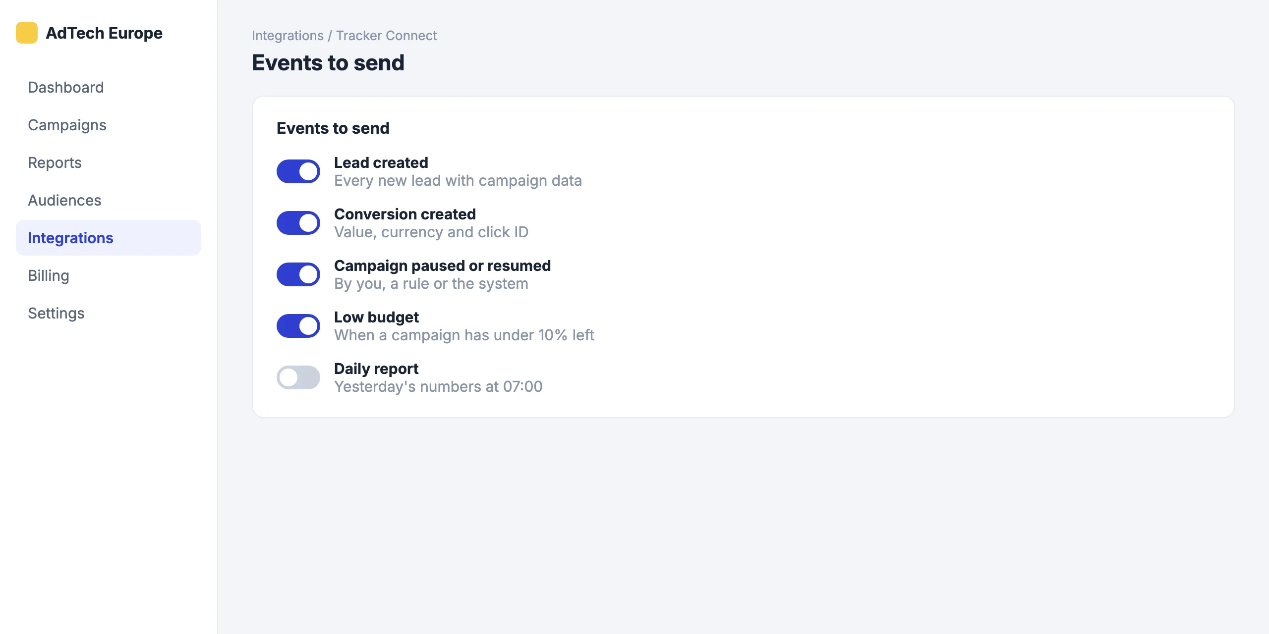 Tracker Connect: Pick the events that trigger it