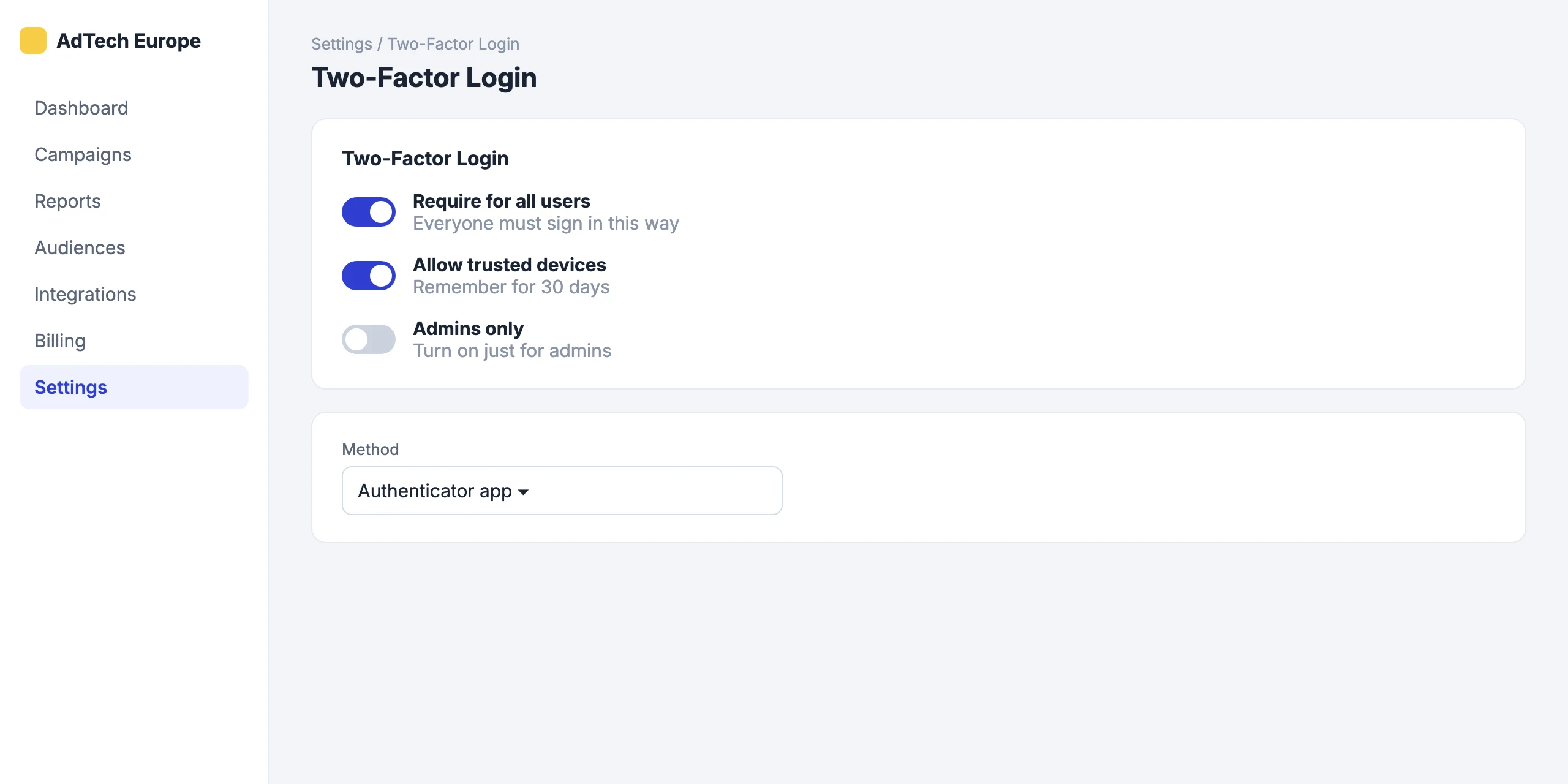 Two-Factor Login: Two-Factor Login settings for your team