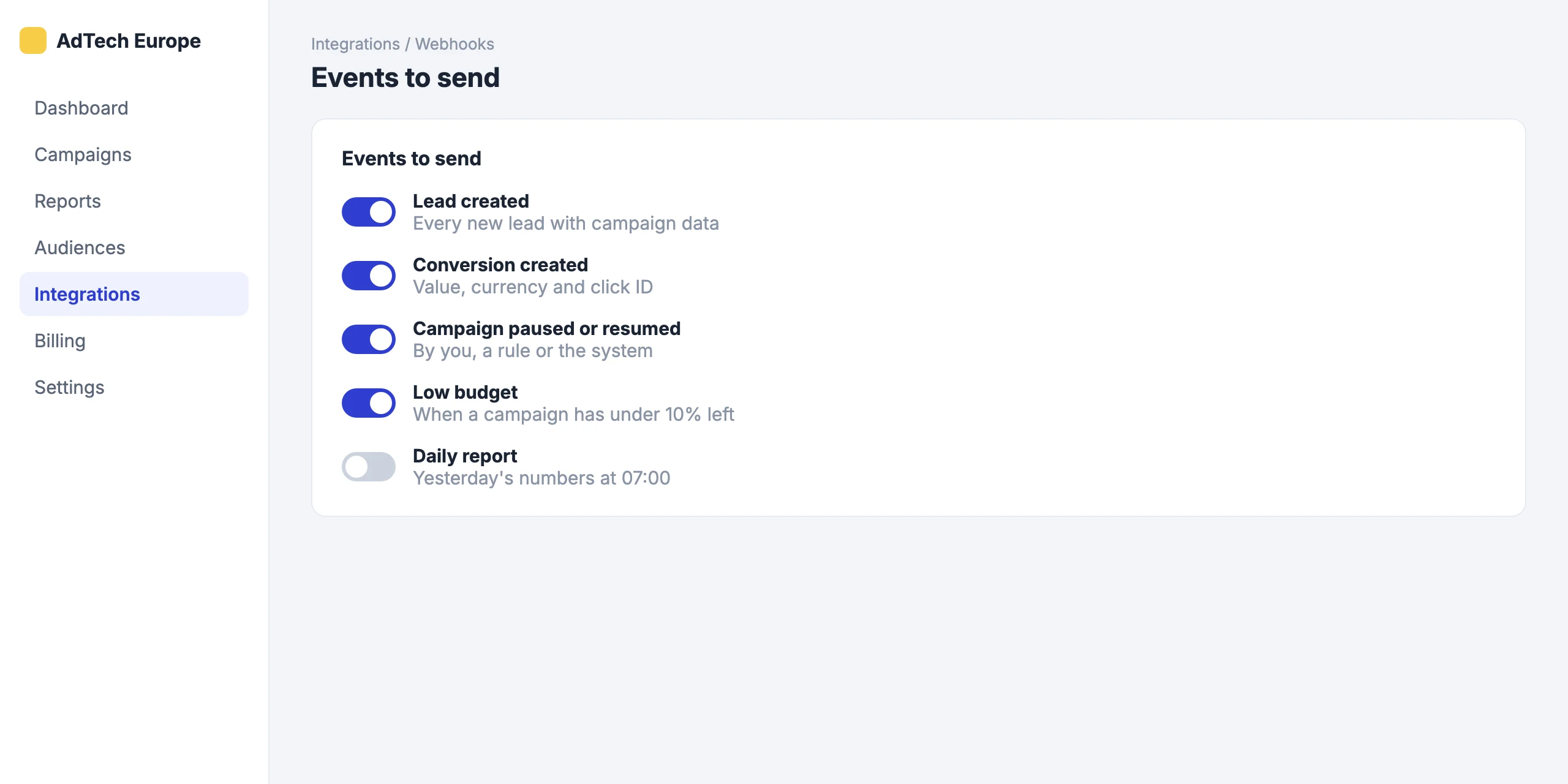 Webhooks: Pick the events that trigger it