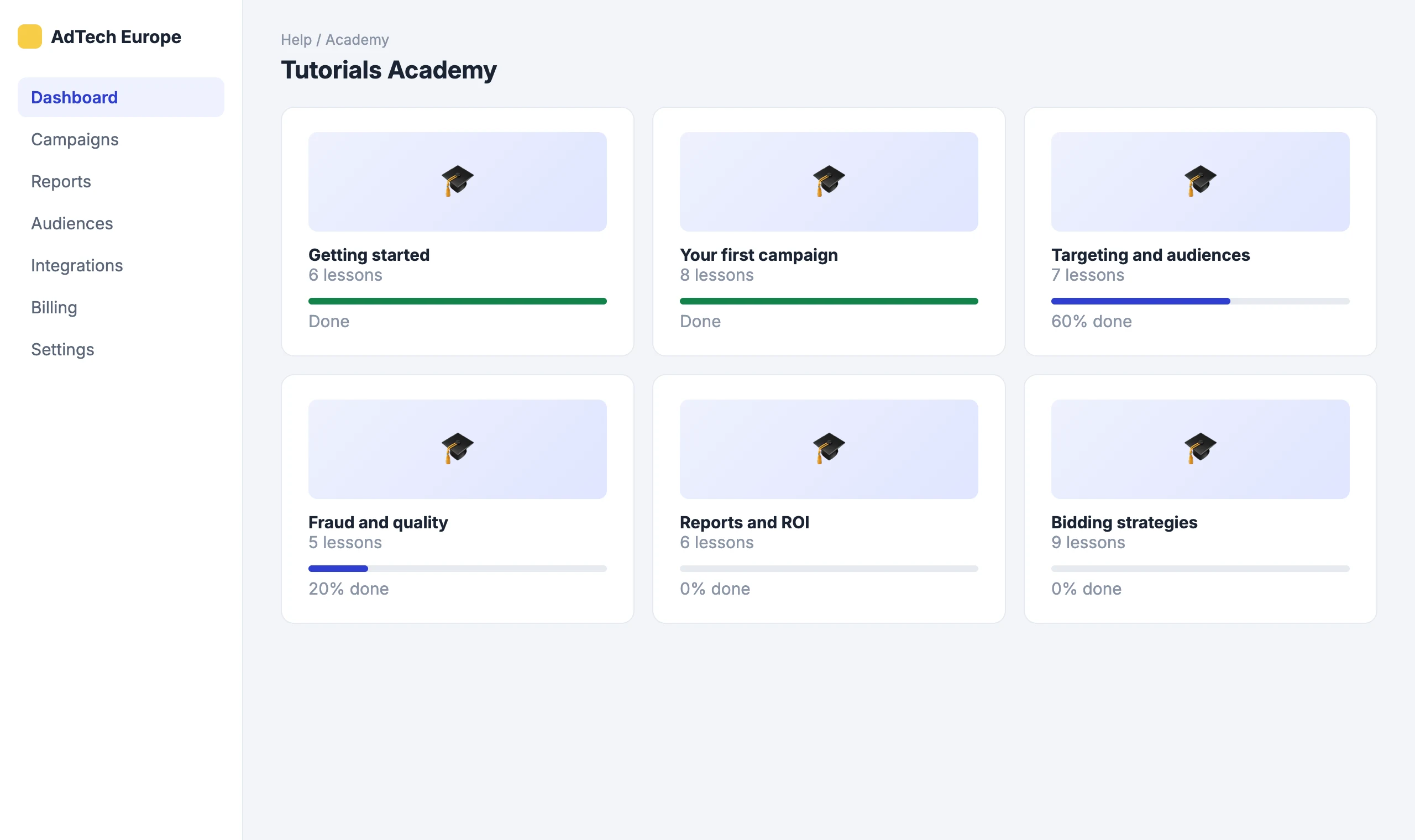 Tutorials Academy: Courses with progress for your team