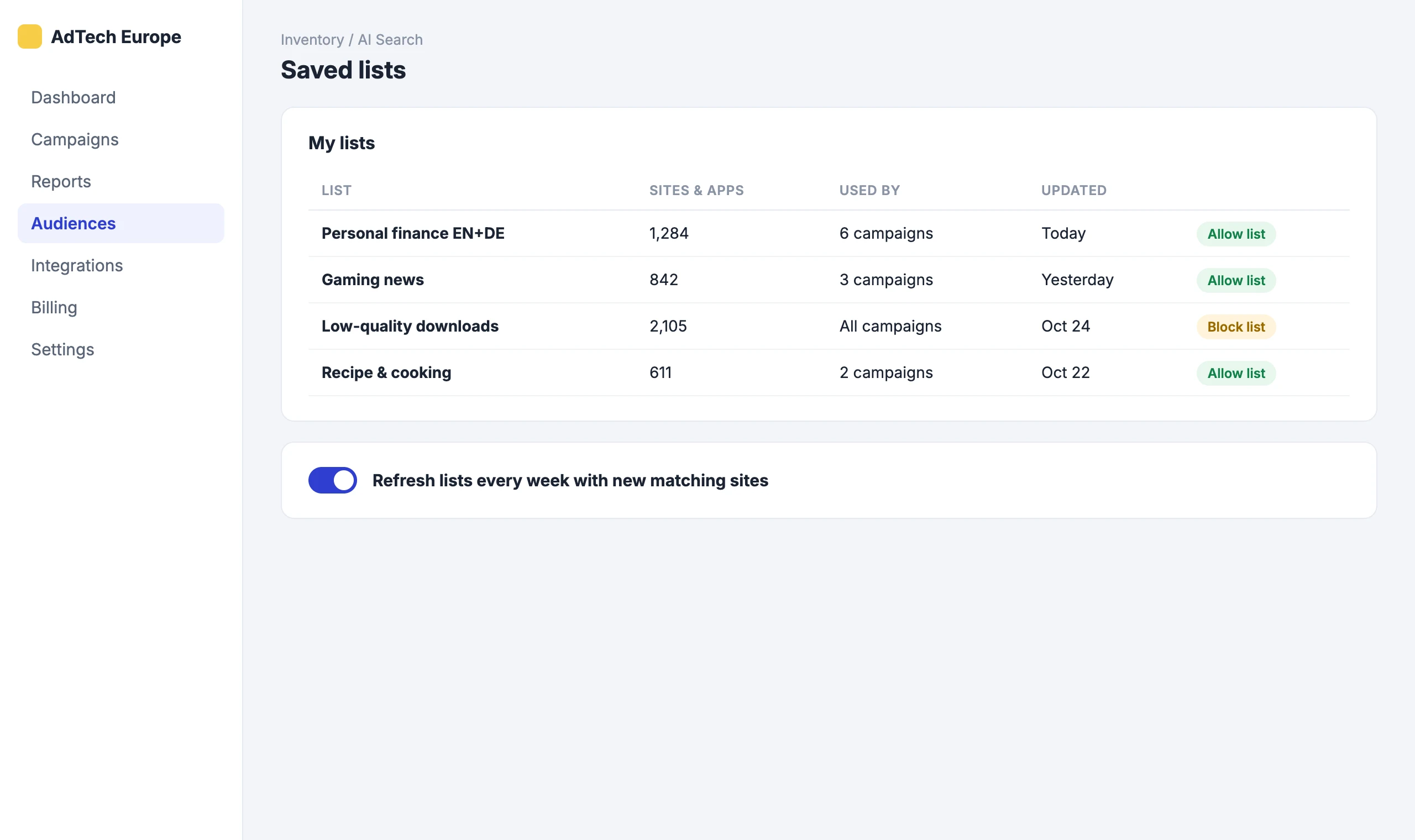 AI Search Lists: Save them as allow or block lists