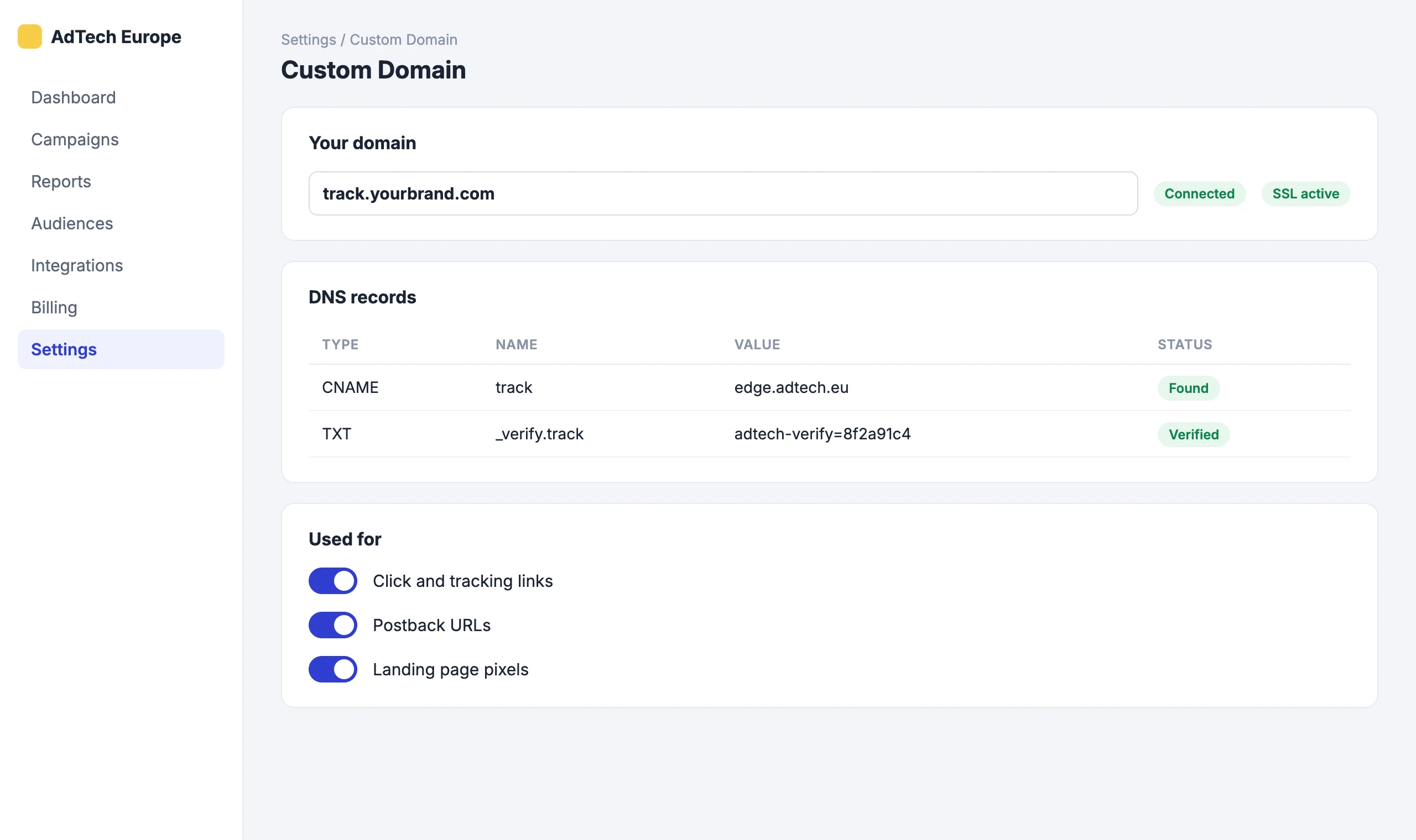 Custom Domain: Your own tracking domain with SSL
