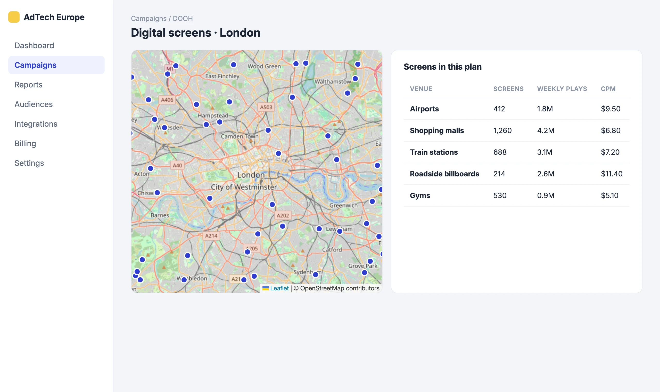 DOOH Screens Pack: Airports, malls, stations and billboards on a map