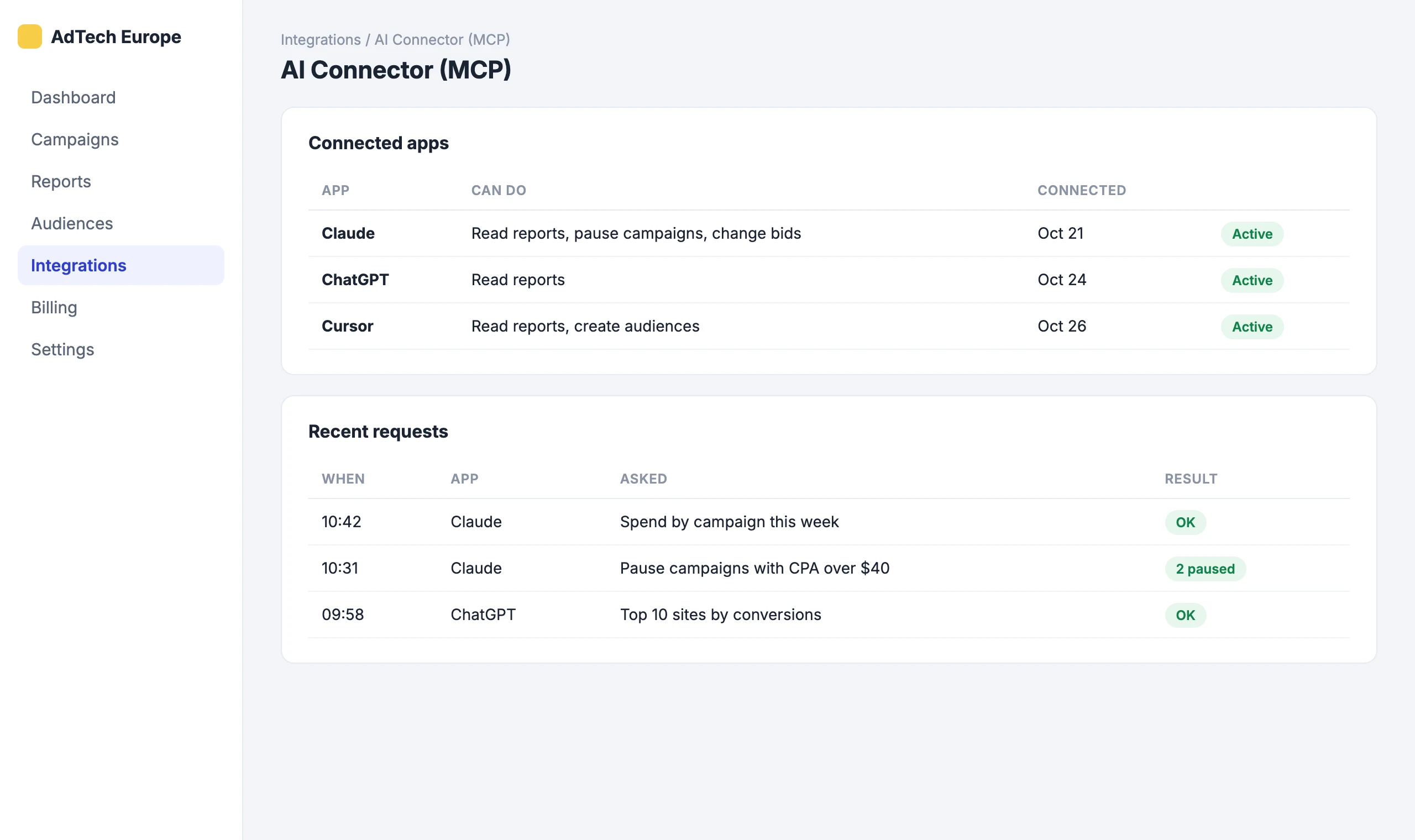 AI Connector (MCP): Connect Claude or ChatGPT to your account