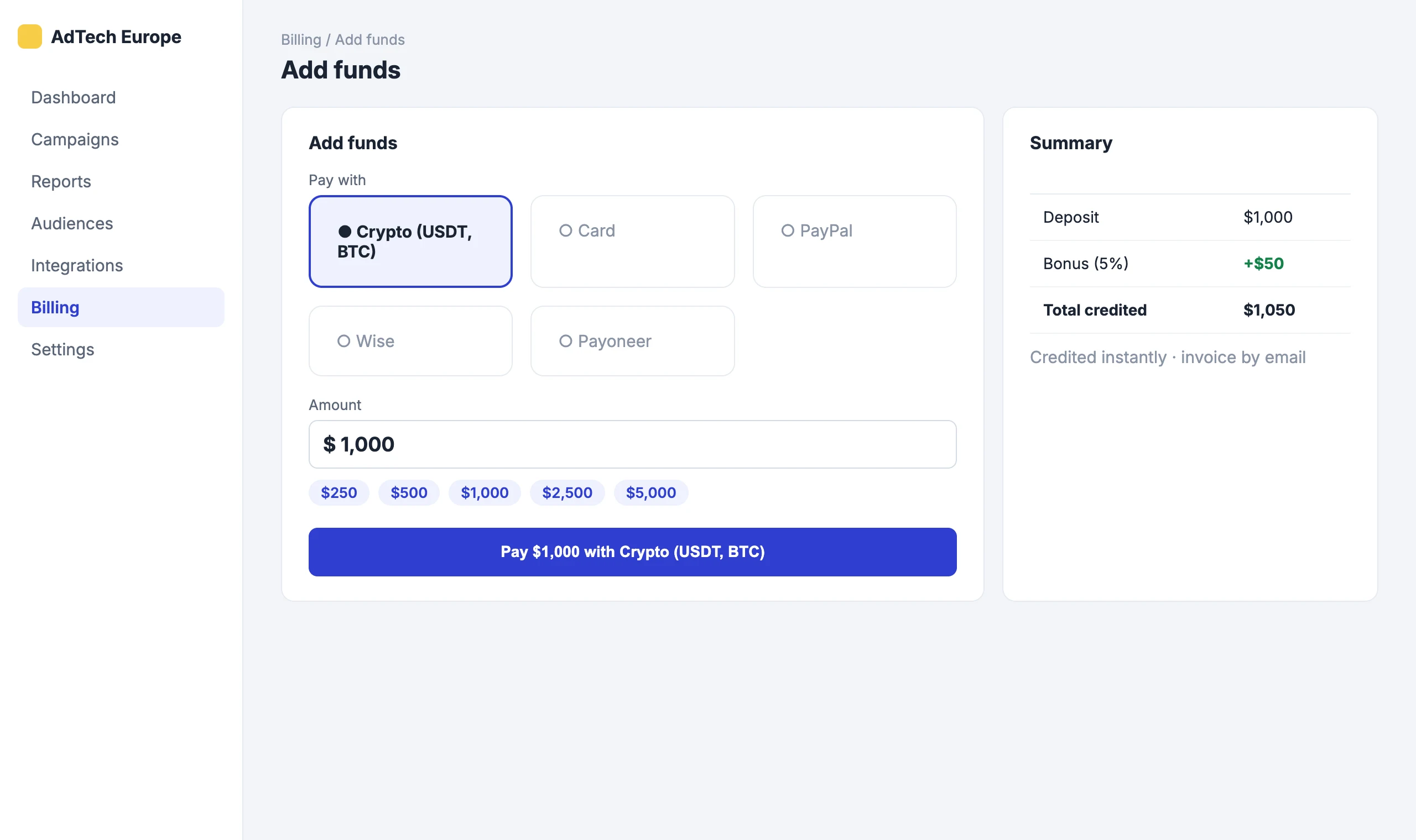 Crypto Payments: Pay with crypto on the Add funds page