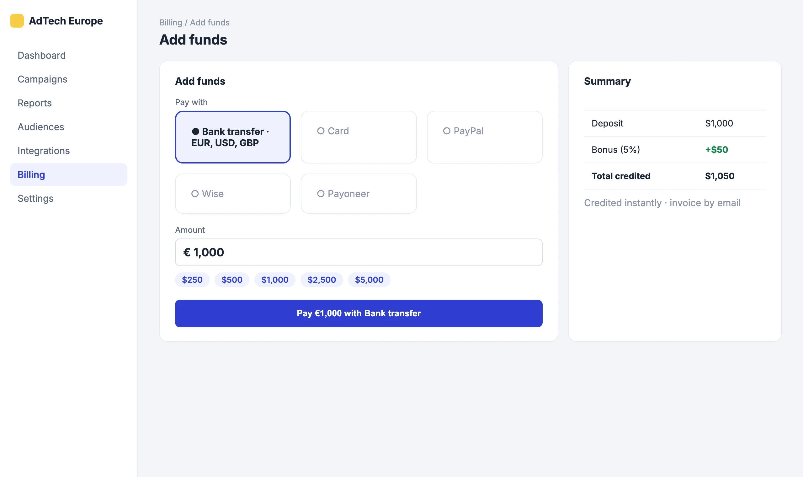 Multi-Currency Invoicing: Pay with bank transfer in your currency on the Add funds page