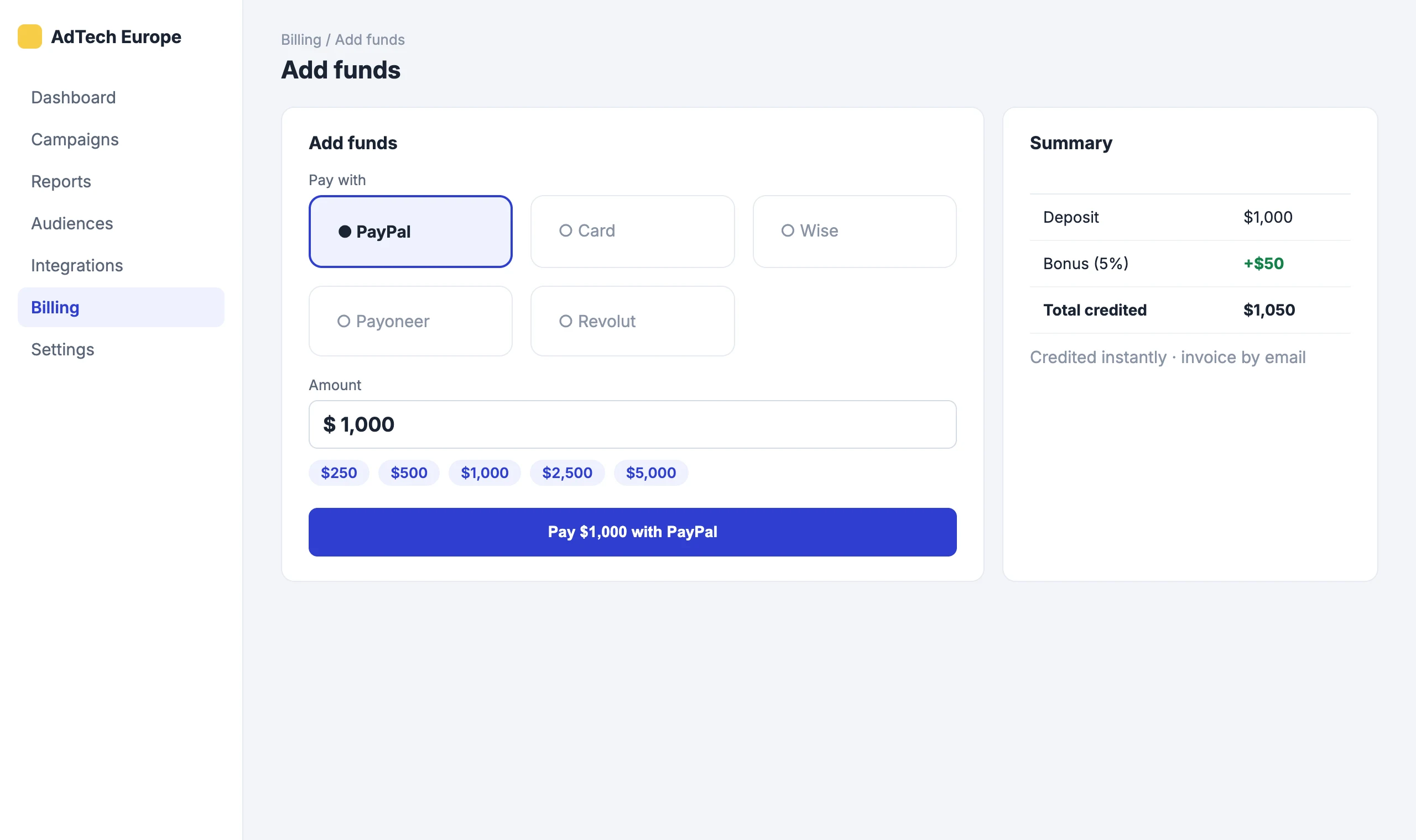 PayPal Checkout: Pay with PayPal on the Add funds page