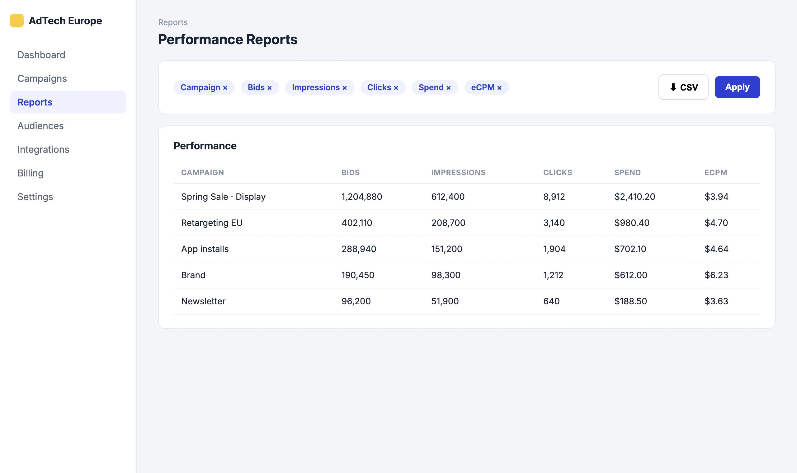 Data Export: Pick dimensions and columns, export CSV