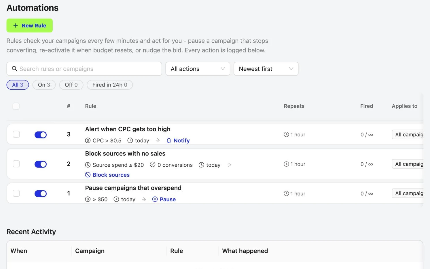 Automations Engine: Every rule in one list, with its condition and action