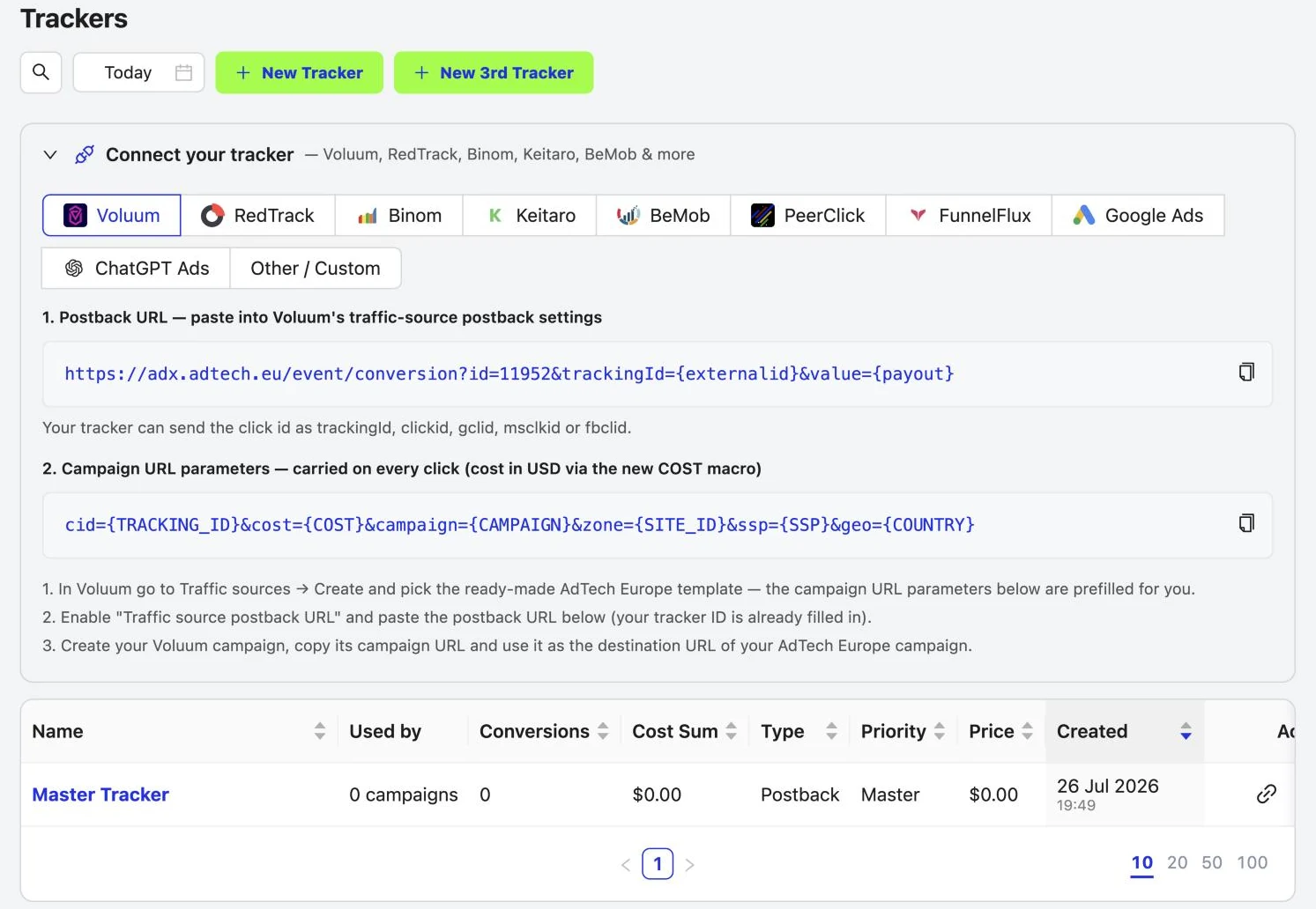 Tracker Connect: Voluum, RedTrack, Binom, Keitaro and more