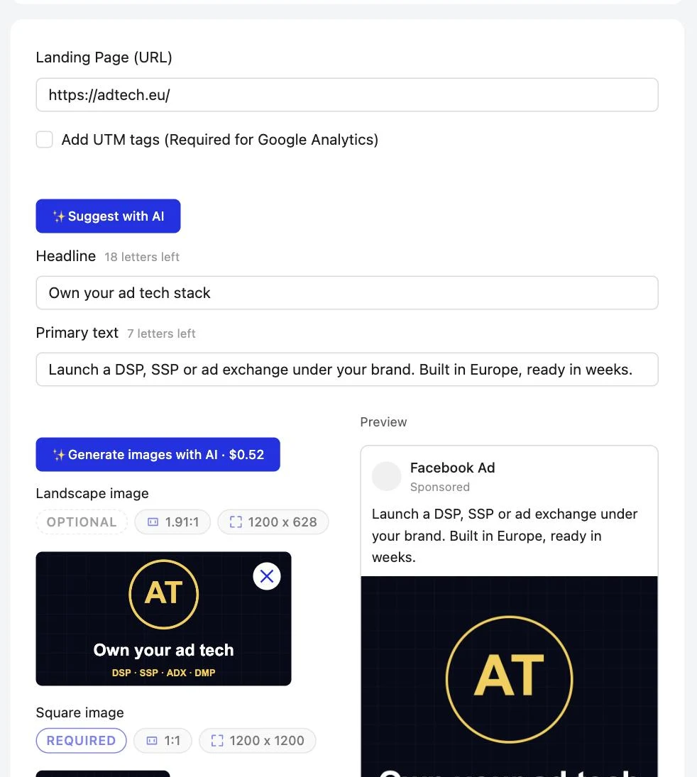 Meta Connector: Headline, text and images, with a live preview