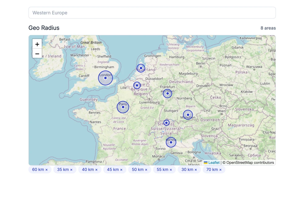 Geo-fencing: Many cities at once, each with its own size