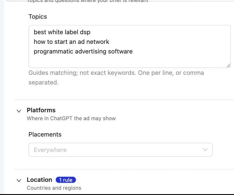 ChatGPT Ads Connector: Questions where your offer fits, by country