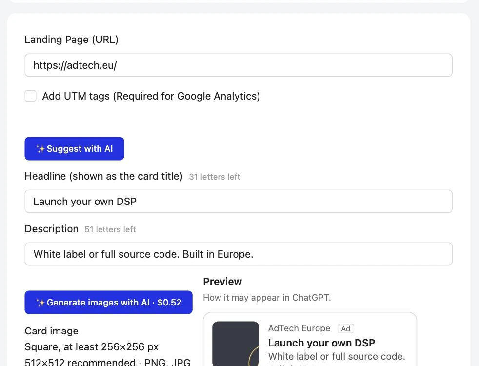 ChatGPT Ads Connector: Card title, text and image, with a live preview