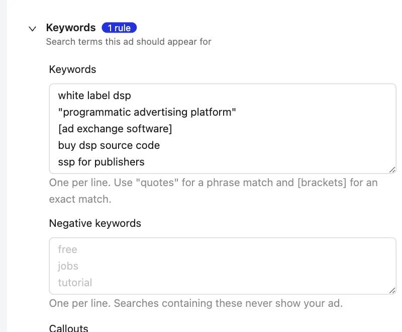 Google Ads Connector: Keywords, negatives and callouts