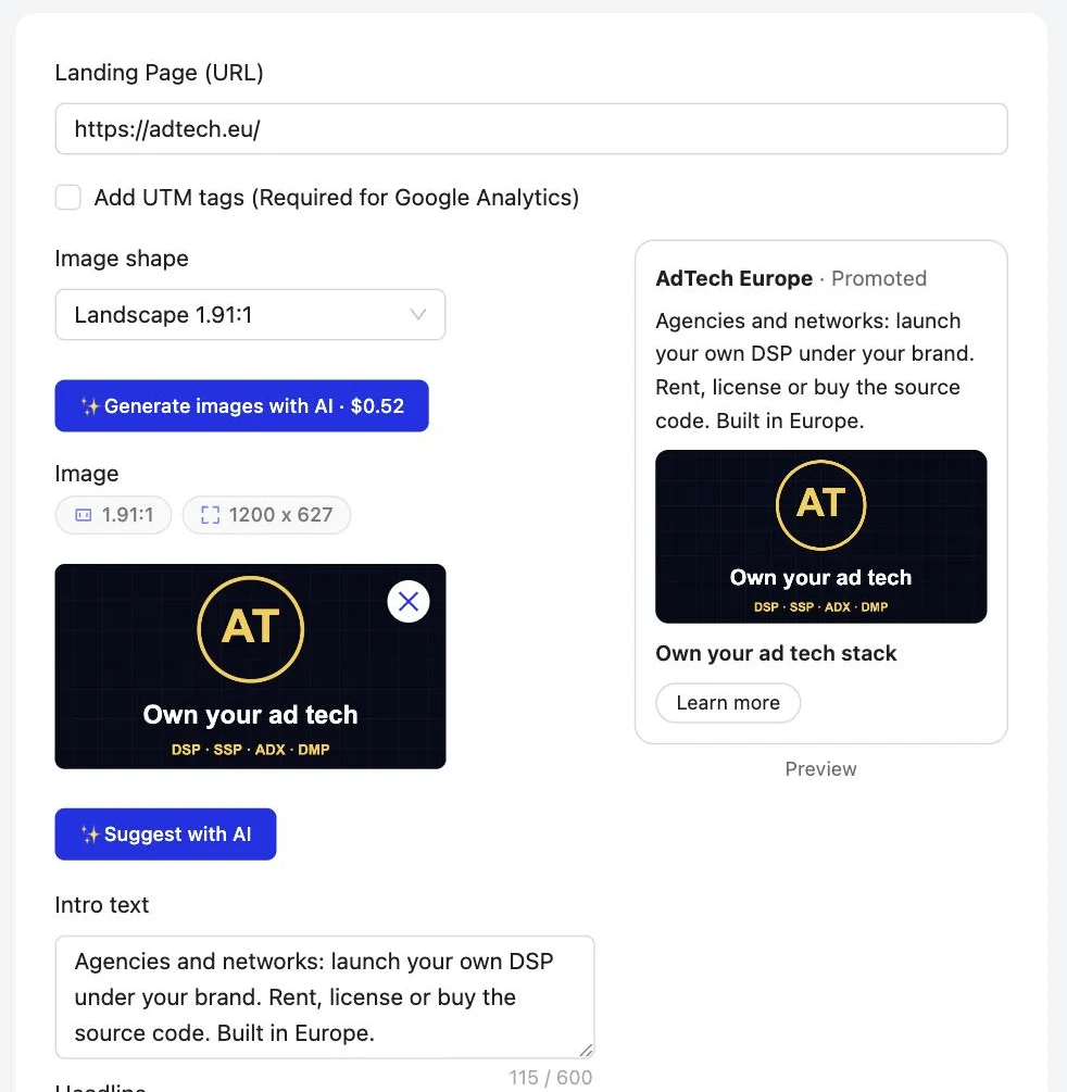 LinkedIn Connector: Intro text, headline and image, with a preview