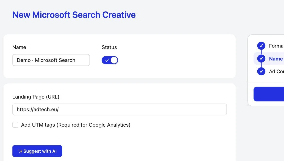 Microsoft Ads Connector: Name the ad and set the landing page
