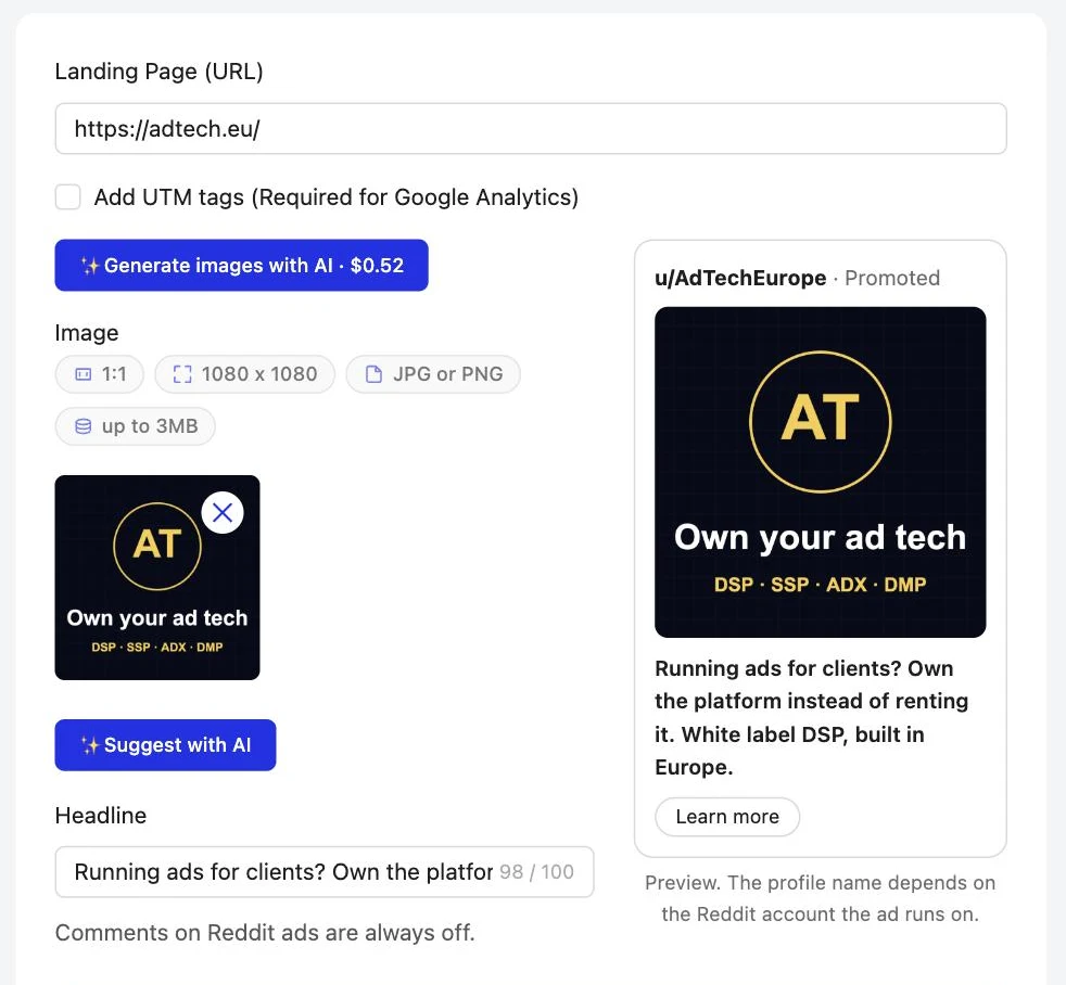 Reddit Connector: Image and headline, with a live Reddit preview