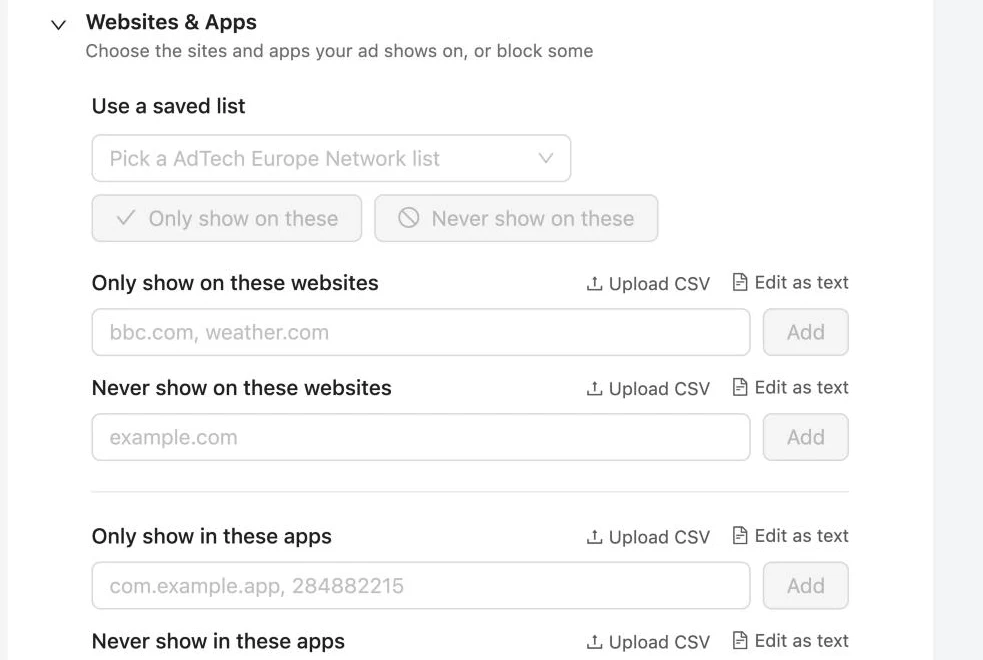 Whitelists: Only show on these sites and apps