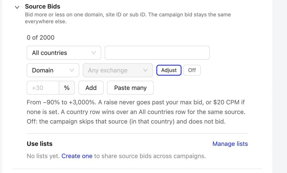 Whitelists: Bid up or down per source