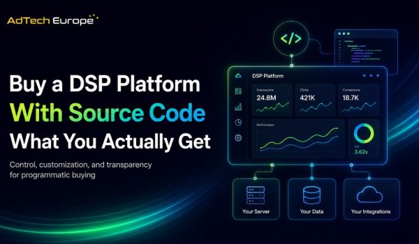 AdTech Europe feature image for teams who want to buy DSP platform with source code, showing dashboard control, data, servers, and integrations.