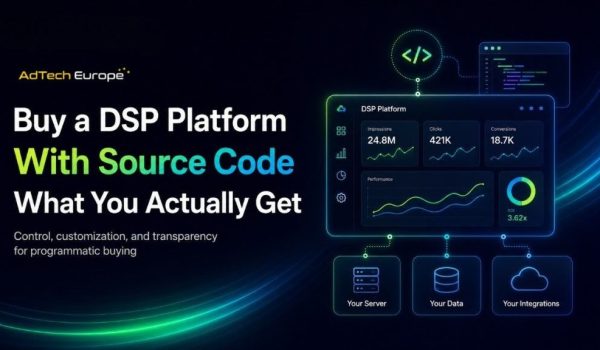 AdTech Europe feature image for teams who want to buy DSP platform with source code, showing dashboard control, data, servers, and integrations.