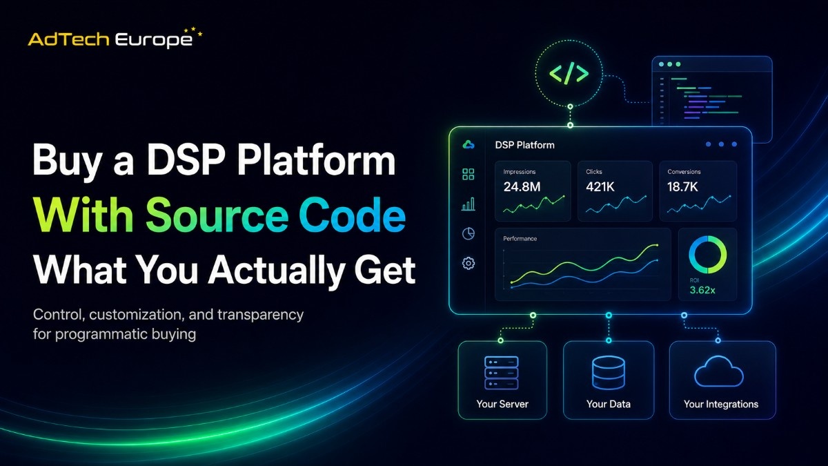 AdTech Europe feature image for teams who want to buy DSP platform with source code, showing dashboard control, data, servers, and integrations.
