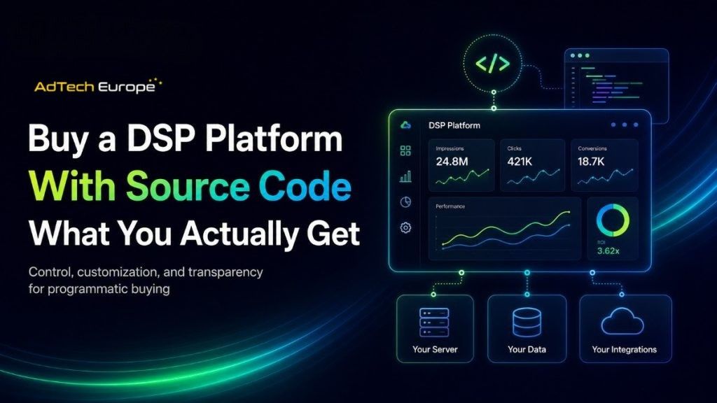 AdTech Europe feature image for teams who want to buy DSP platform with source code, showing dashboard control, data, servers, and integrations.