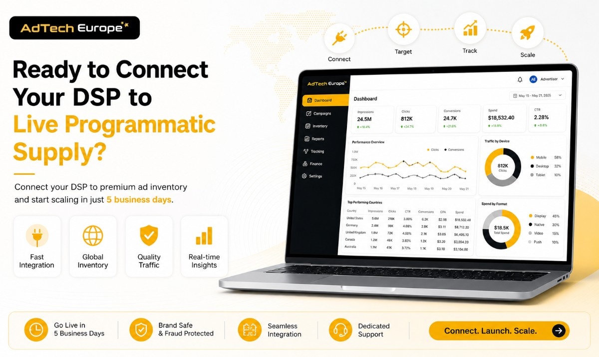 AdTech Europe DSP integration banner showing live programmatic supply, analytics dashboard, global inventory, quality traffic, and 5-day launch.