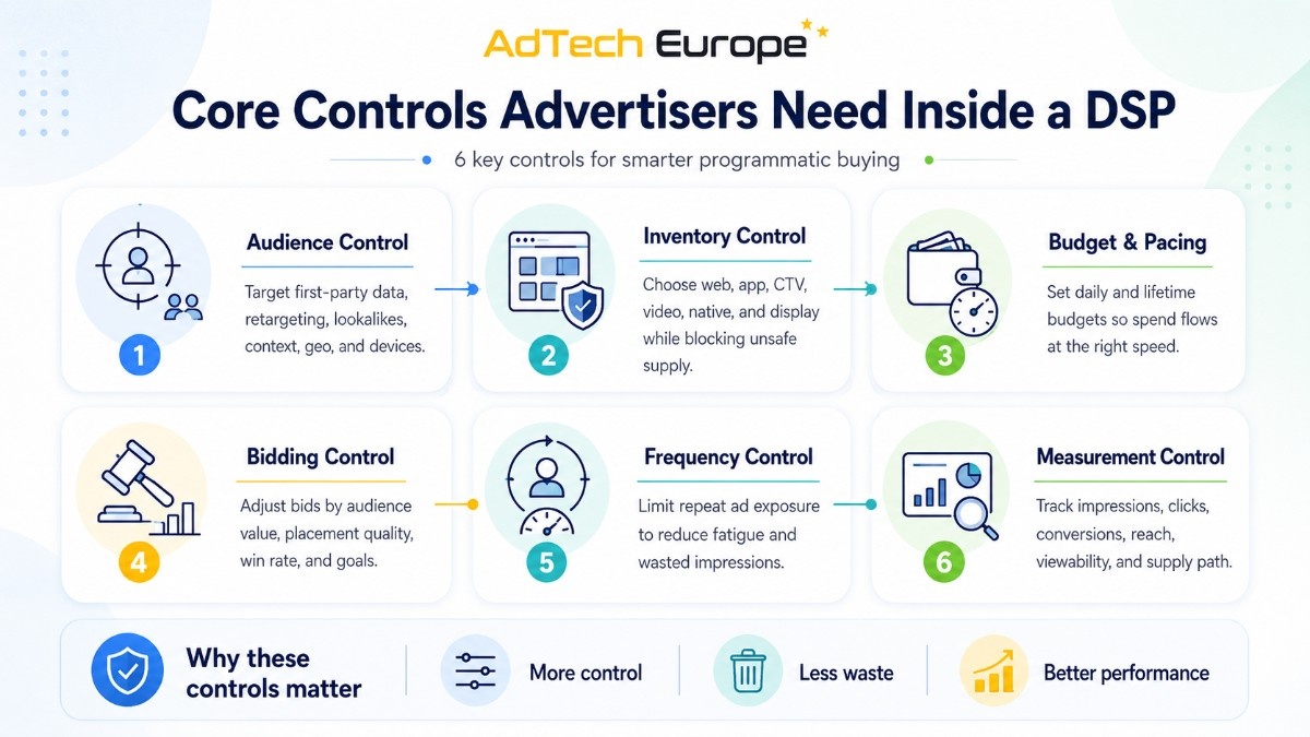 Infographic showing six essential DSP controls for advertisers: audience, inventory, budget pacing, bidding, frequency, and measurement control.