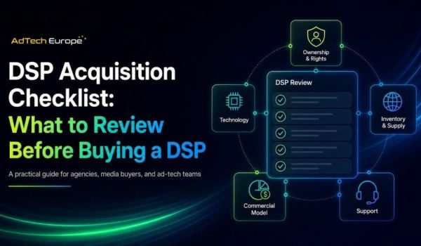 AdTech Europe blog banner showing a DSP Acquisition Checklist with key areas: ownership, technology, inventory, commercial model, and support.