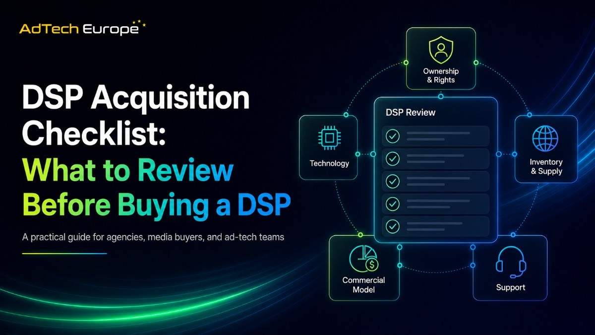 AdTech Europe blog banner showing a DSP Acquisition Checklist with key areas: ownership, technology, inventory, commercial model, and support.