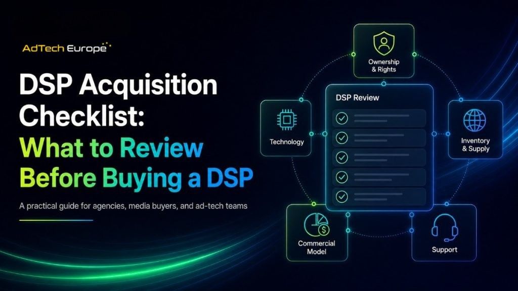 AdTech Europe blog banner showing a DSP Acquisition Checklist with key areas: ownership, technology, inventory, commercial model, and support.