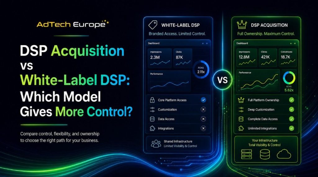 AdTech Europe infographic comparing DSP acquisition and white-label DSP control, ownership, data, bidding, and integrations.