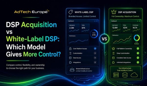 AdTech Europe infographic comparing DSP acquisition and white-label DSP control, ownership, data, bidding, and integrations.